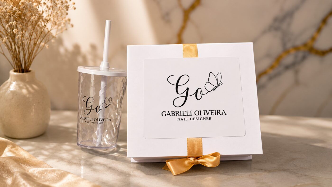 Caixa branca do kit com laço dourado e o logo Gabrieli Oliveira, ao lado do copo personalizado