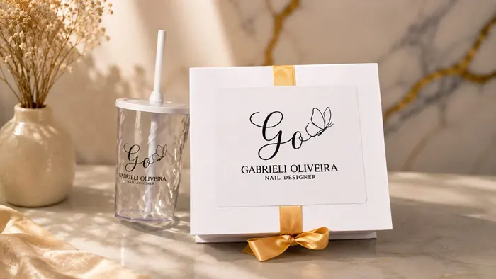 Caixa branca do kit com laço dourado e o logo Gabrieli Oliveira, ao lado do copo personalizado